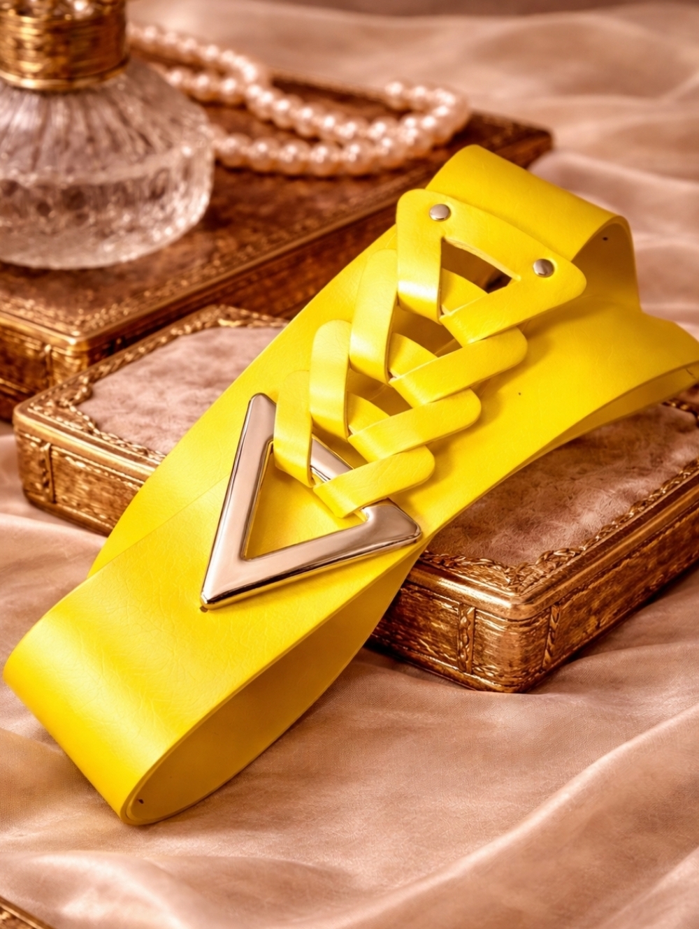 Vintage 80s Yellow Leather Belt Gold Triangle Buckle Bold Statement Waist Belt